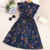 Floral Pleats Belt Dress