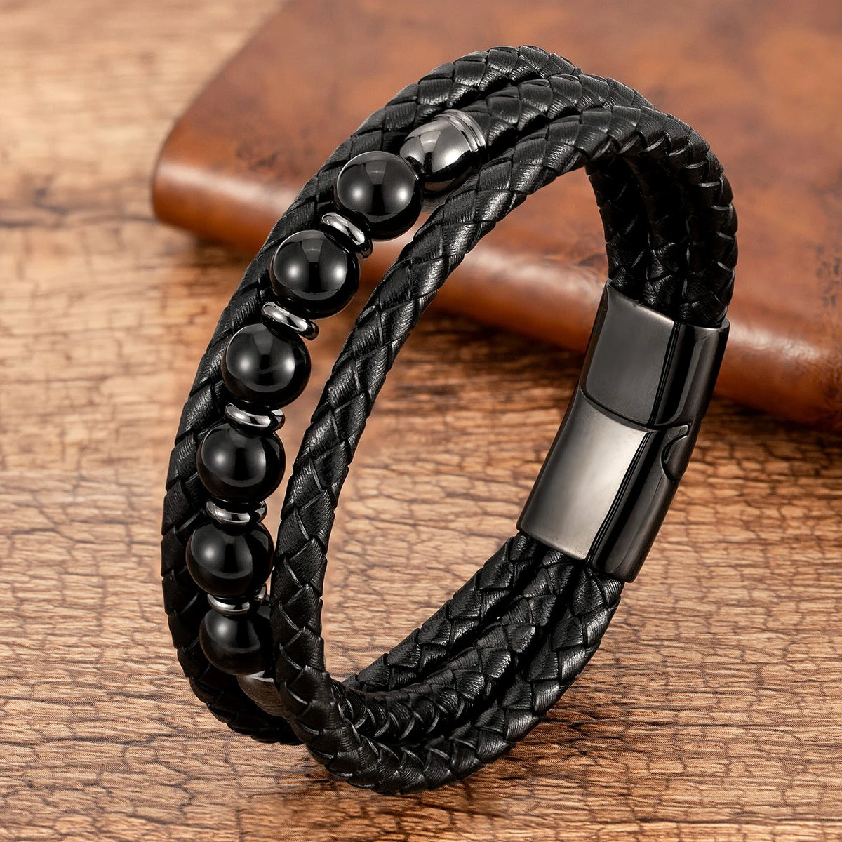 Stone Bead & Leather Bracelet