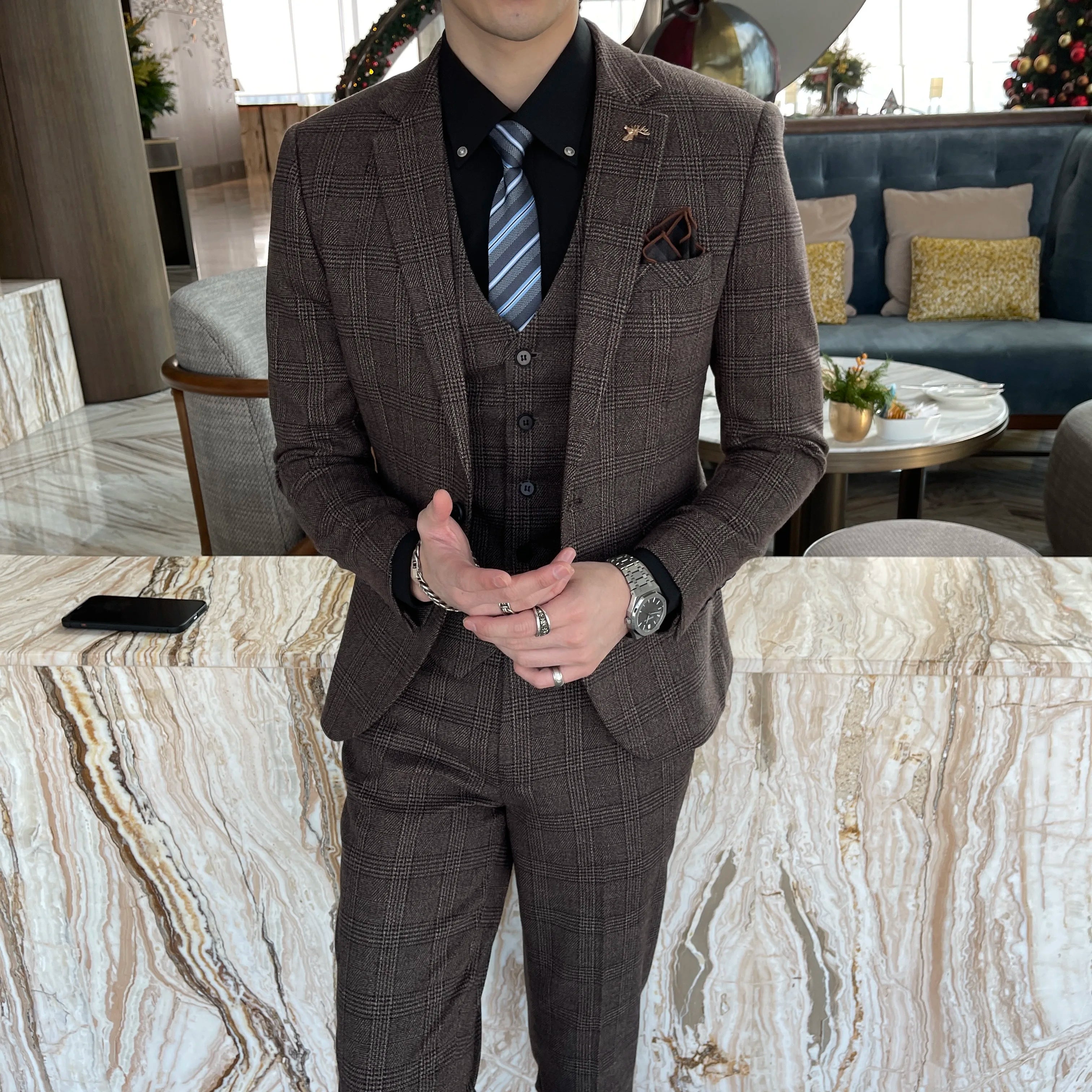 High Quality Plaid Three-Piece Suit