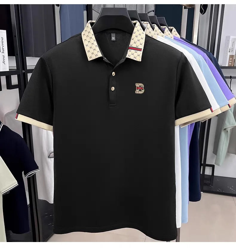 B Letter Embossed Short Sleeve Polo Shirt