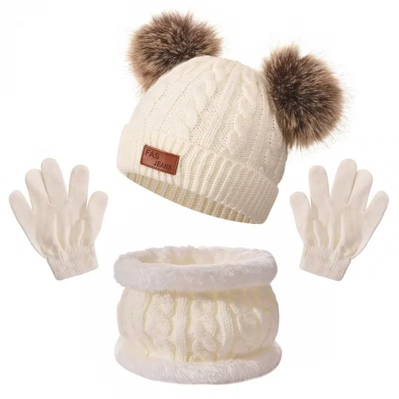 Kids' Pom-Pom Knit Hat, Scarf & Gloves Set