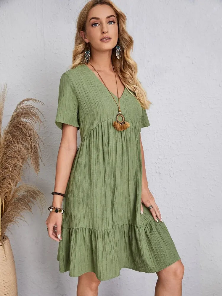 Elegant Short Sleeve V Neck Ruffles Dress