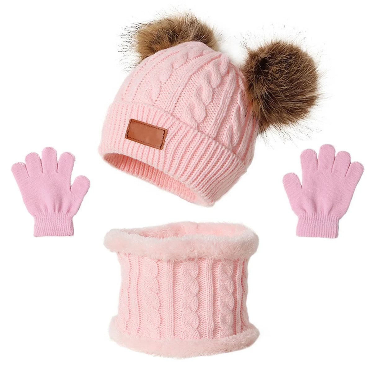 Kids' Pom-Pom Knit Hat, Scarf & Gloves Set