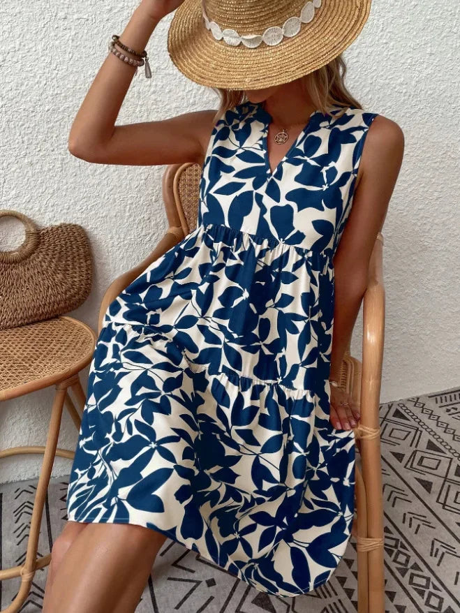Leaf Print Tiered Mini Dress