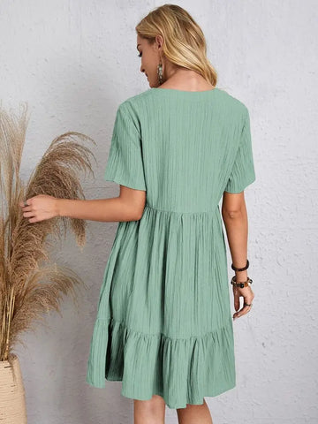 Elegant Short Sleeve V Neck Ruffles Dress