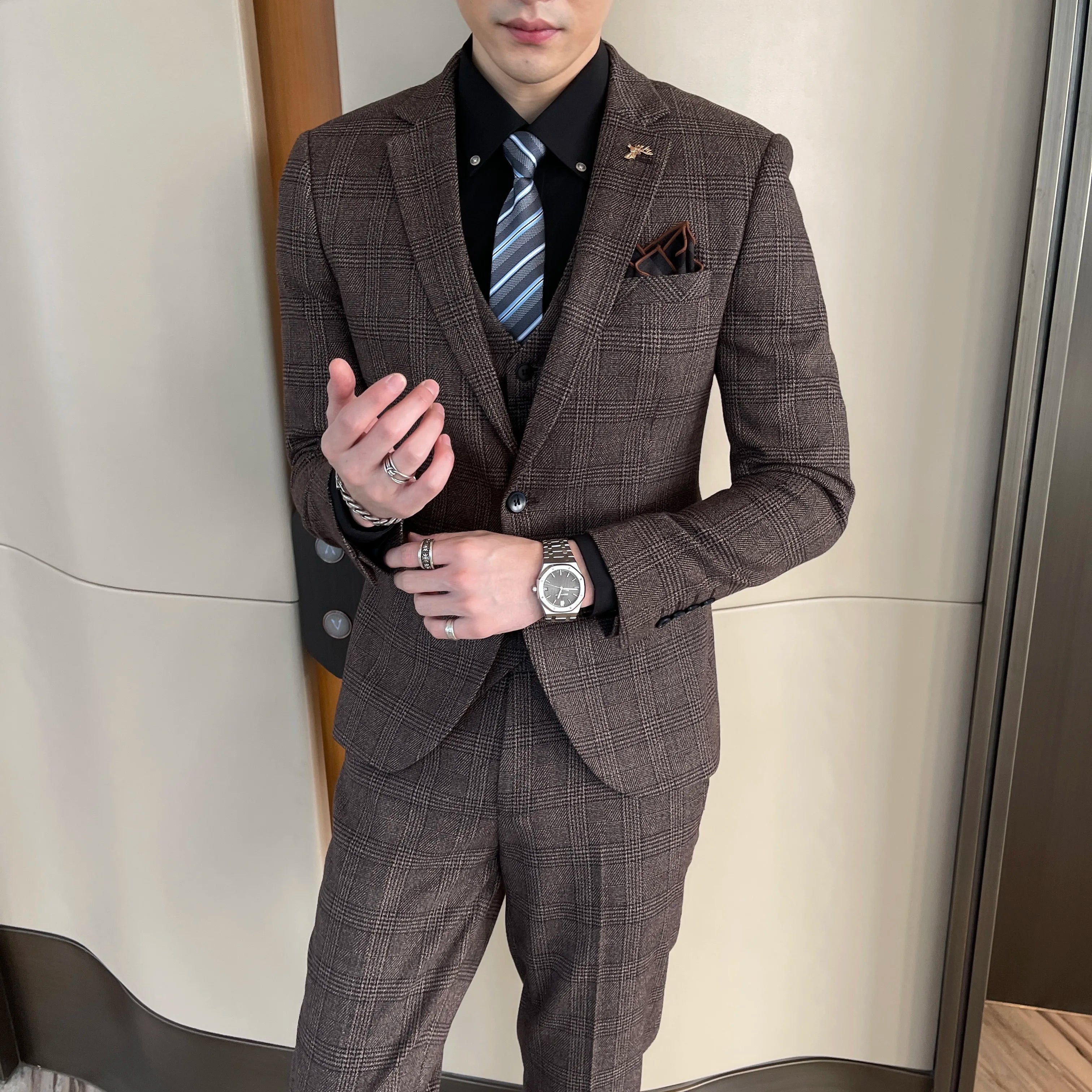 High Quality Plaid Three-Piece Suit