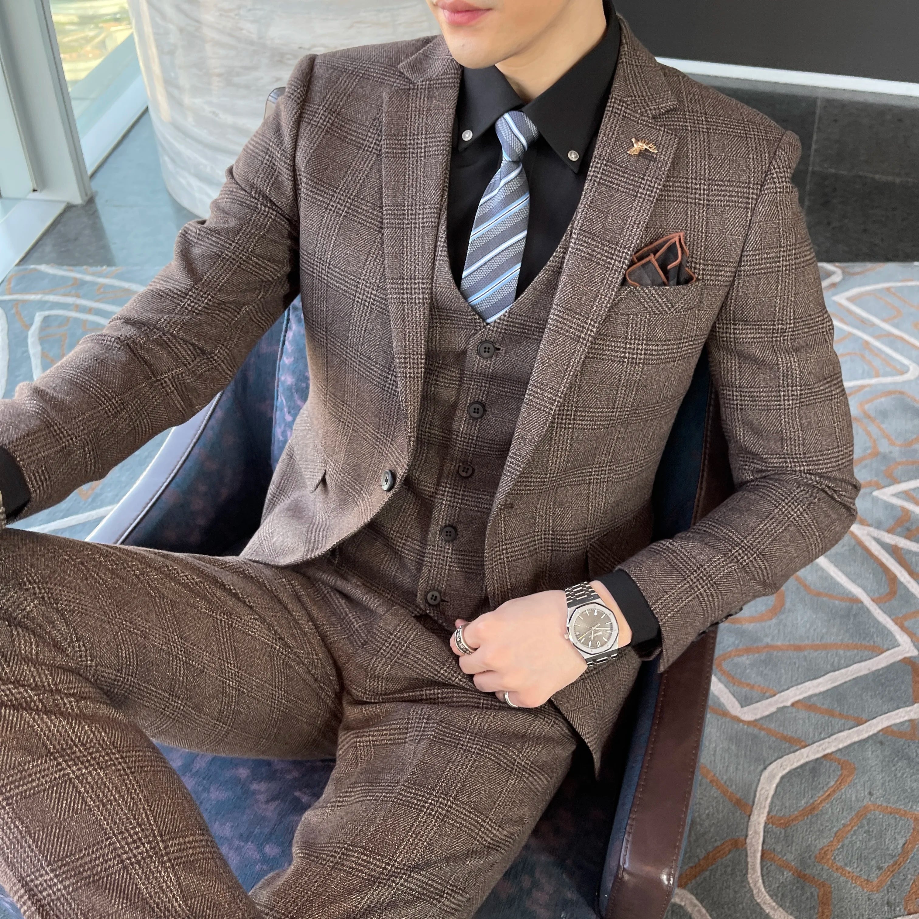 High Quality Plaid Three-Piece Suit