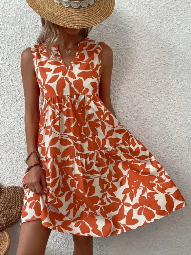 Leaf Print Tiered Mini Dress