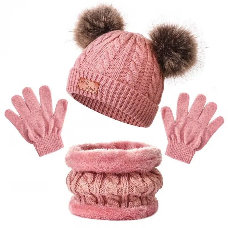 Kids' Pom-Pom Knit Hat, Scarf & Gloves Set