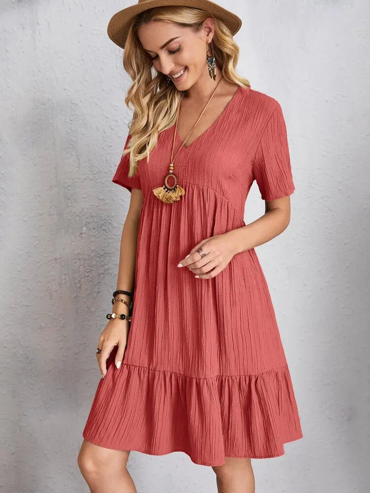 Elegant Short Sleeve V Neck Ruffles Dress