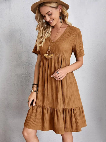 Elegant Short Sleeve V Neck Ruffles Dress