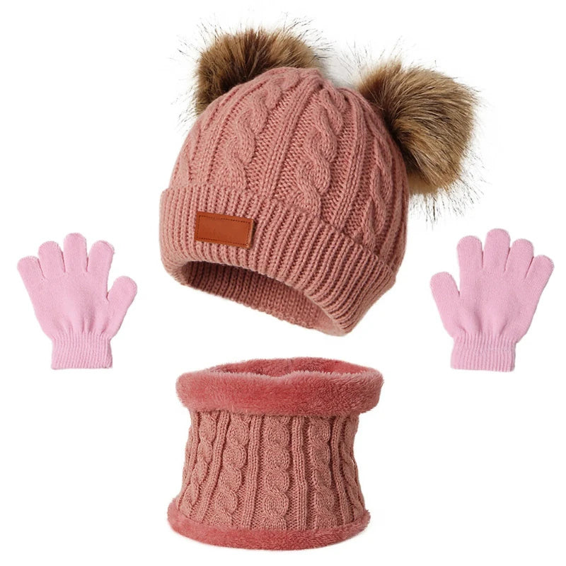 Kids' Pom-Pom Knit Hat, Scarf & Gloves Set
