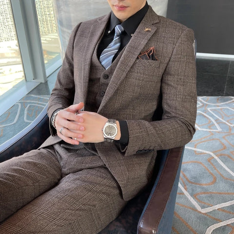 High Quality Plaid Three-Piece Suit