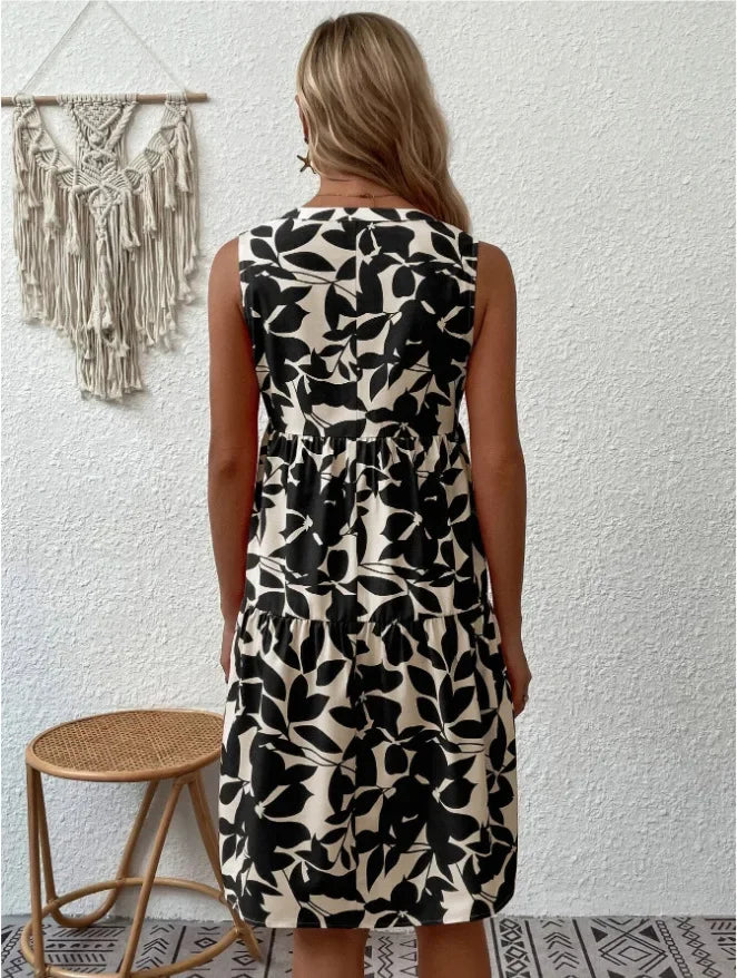 Leaf Print Tiered Mini Dress