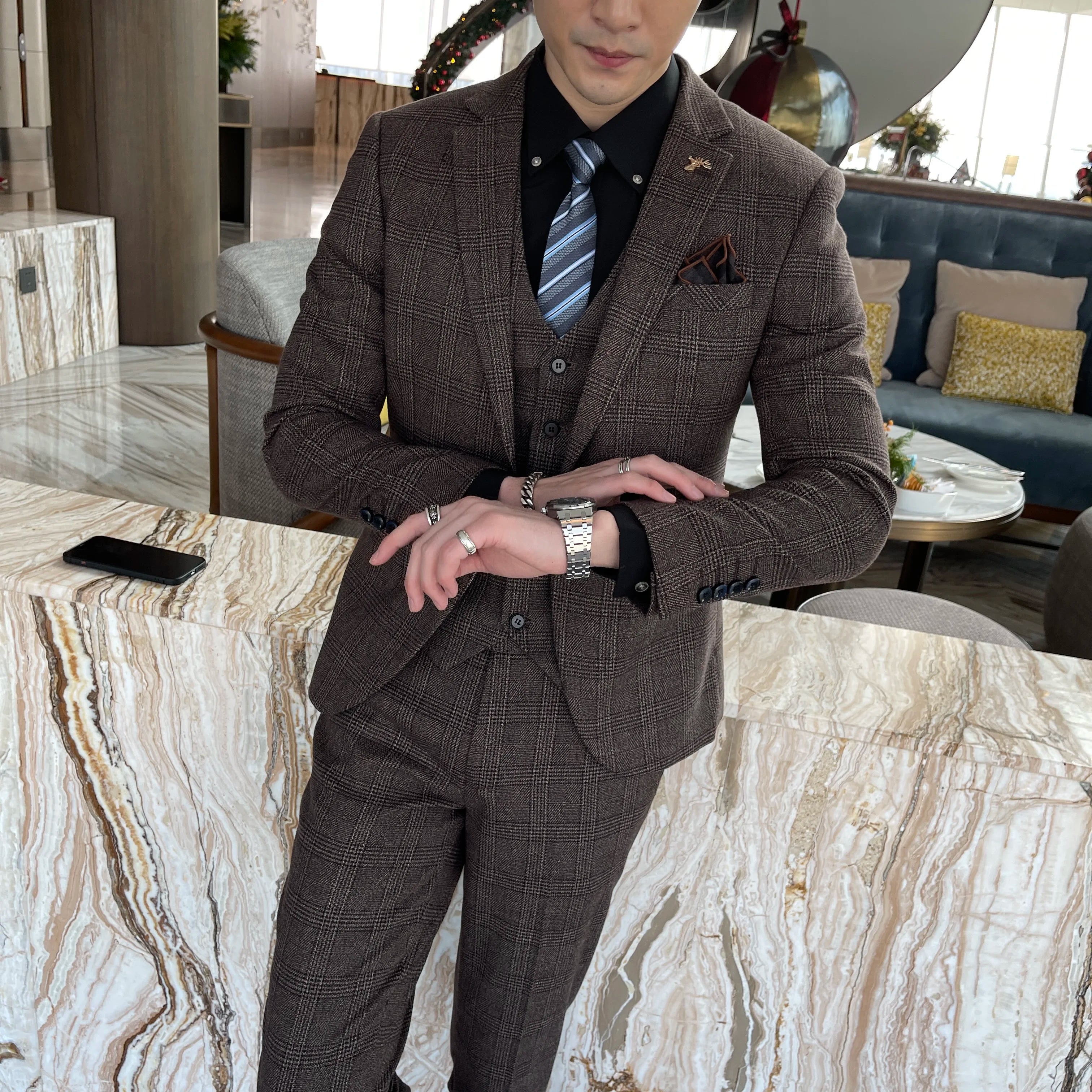 High Quality Plaid Three-Piece Suit