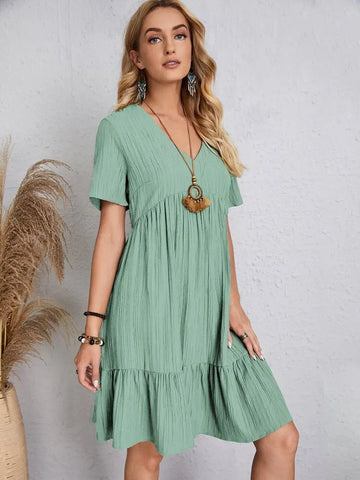 Elegant Short Sleeve V Neck Ruffles Dress