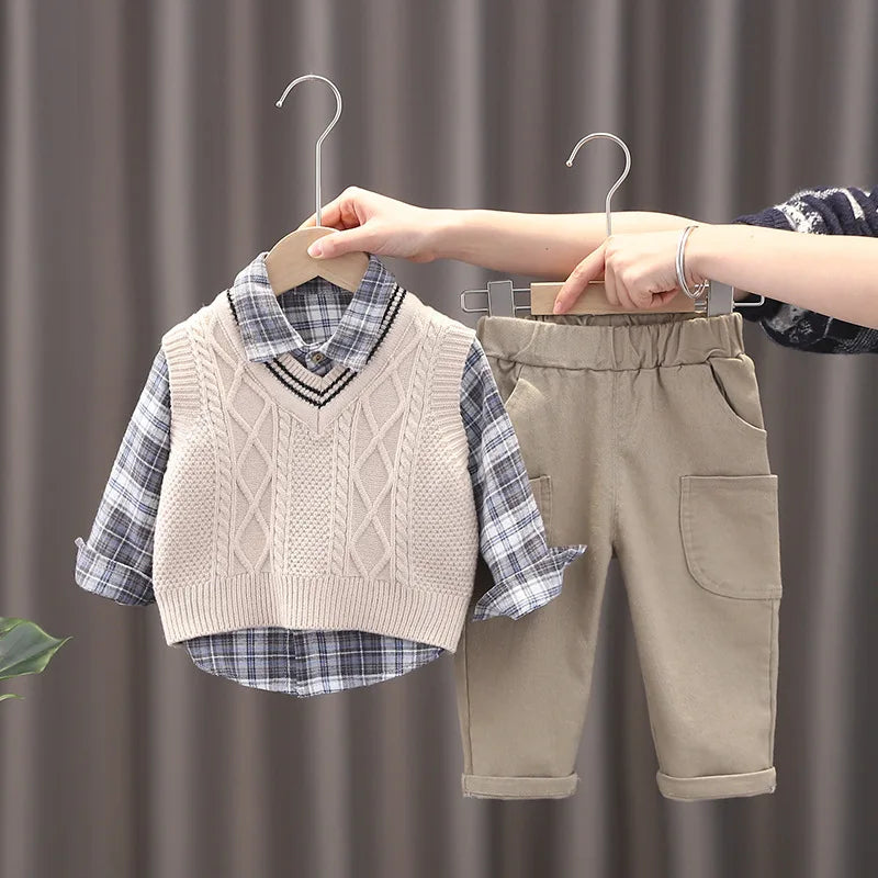 Boys' Plaid Shirt, Vest & Pants Set
