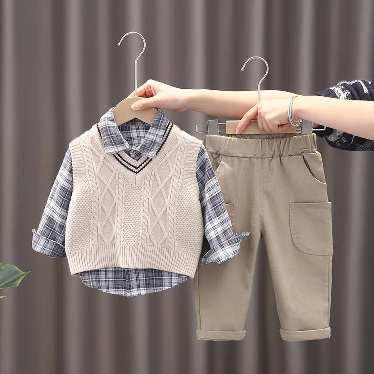 Boys' Plaid Shirt, Vest & Pants Set
