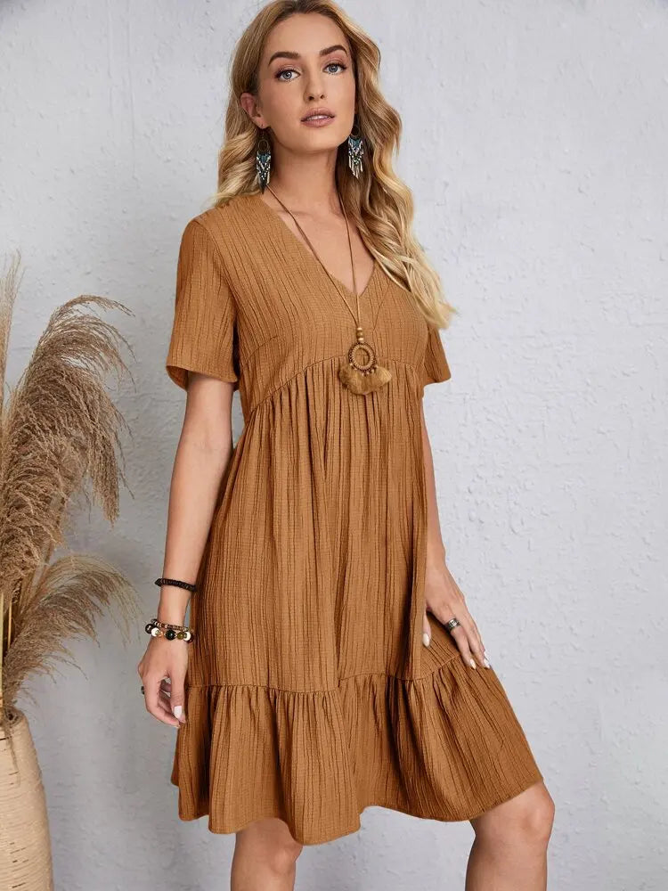 Elegant Short Sleeve V Neck Ruffles Dress