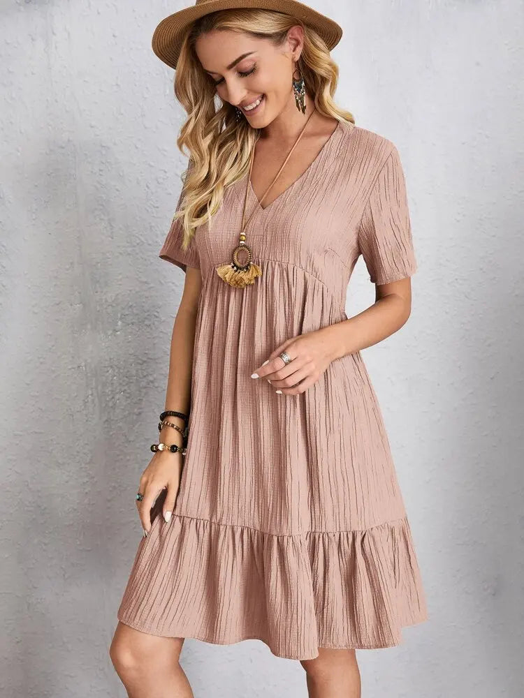 Elegant Short Sleeve V Neck Ruffles Dress