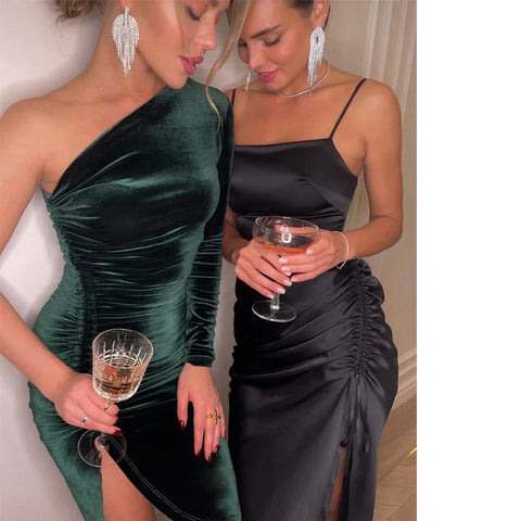 Velvet Long-Sleeve Midi Dress