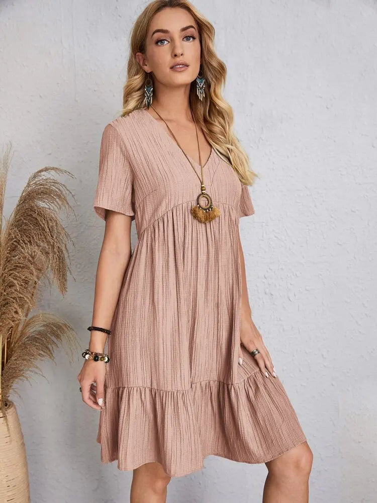Elegant Short Sleeve V Neck Ruffles Dress