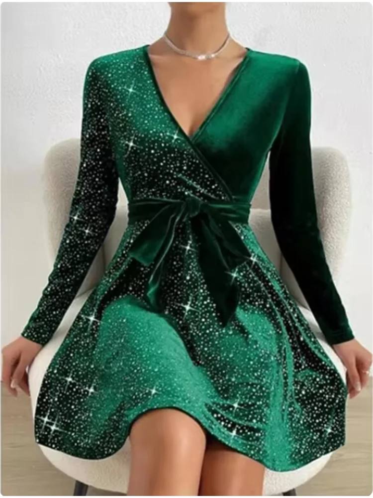 Long-Sleeve Sequin Wrap Dress