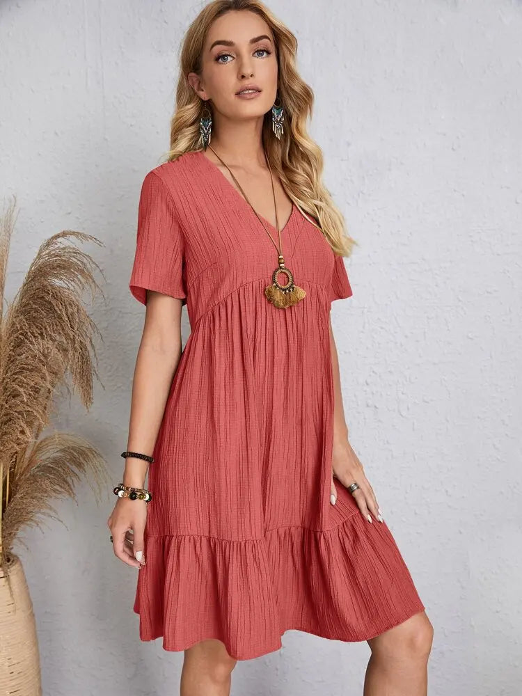 Elegant Short Sleeve V Neck Ruffles Dress