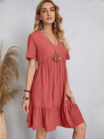 Elegant Short Sleeve V Neck Ruffles Dress