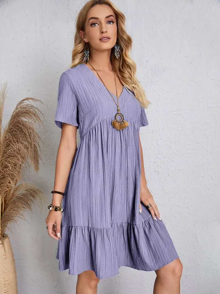 Elegant Short Sleeve V Neck Ruffles Dress