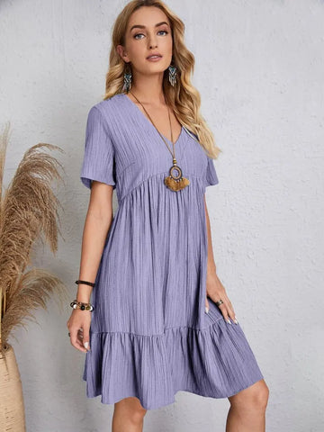 Elegant Short Sleeve V Neck Ruffles Dress