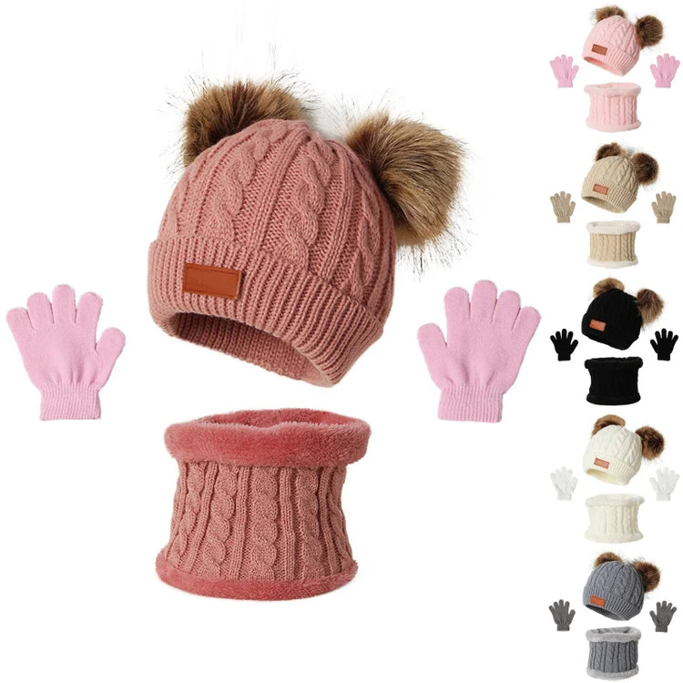 Kids' Pom-Pom Knit Hat, Scarf & Gloves Set