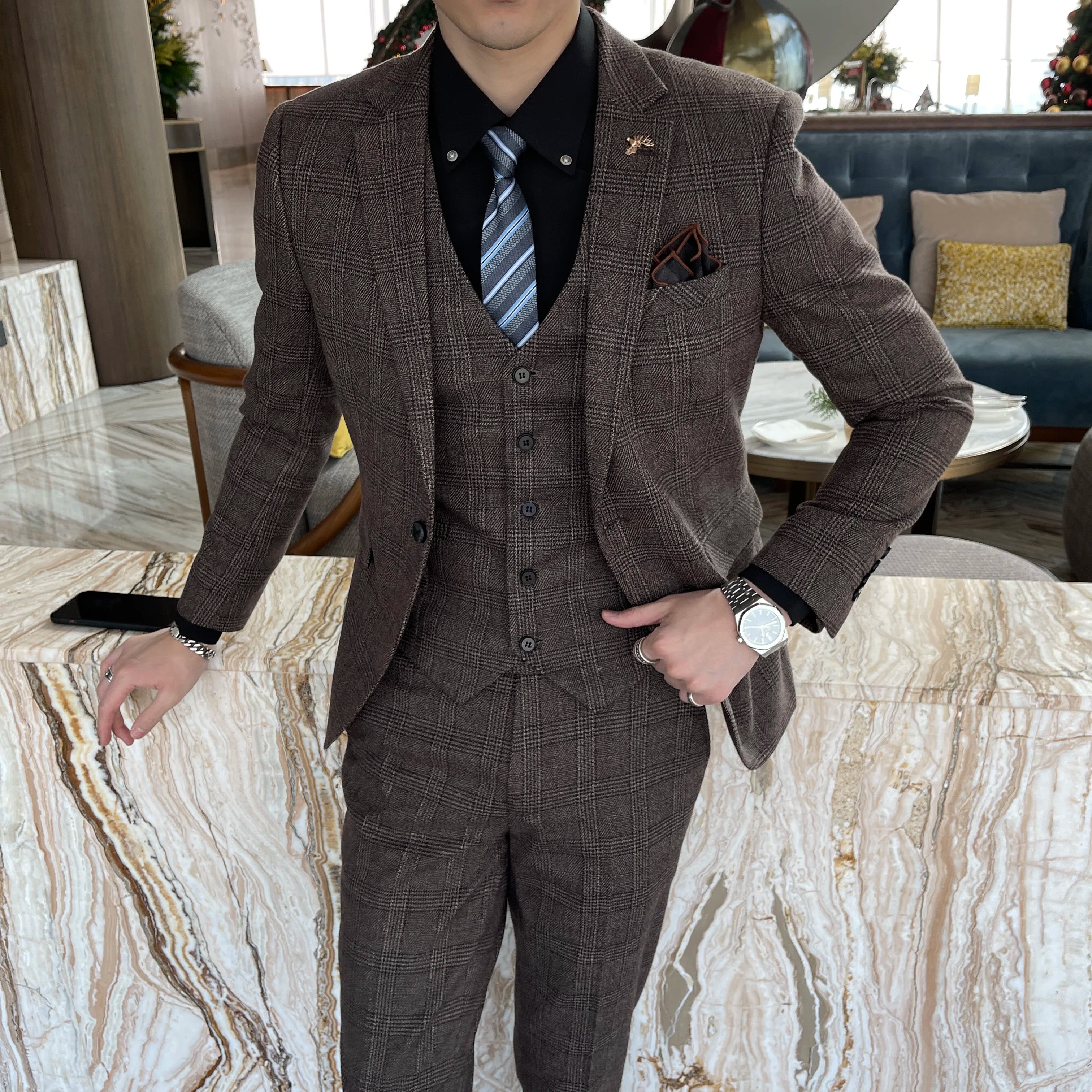 High Quality Plaid Three-Piece Suit