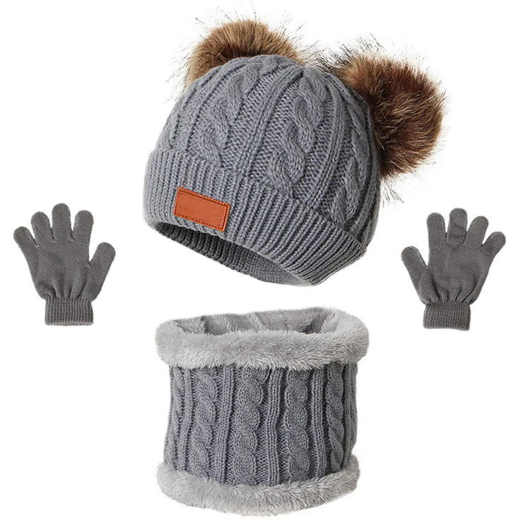 Kids' Pom-Pom Knit Hat, Scarf & Gloves Set