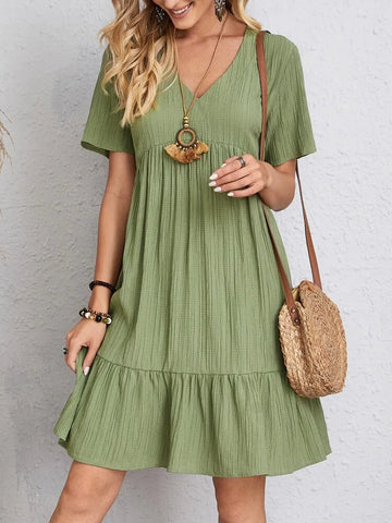 Elegant Short Sleeve V Neck Ruffles Dress