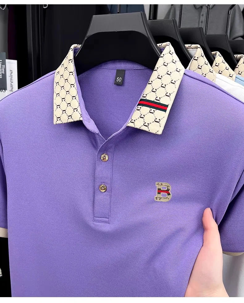 B Letter Embossed Short Sleeve Polo Shirt