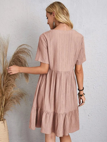Elegant Short Sleeve V Neck Ruffles Dress