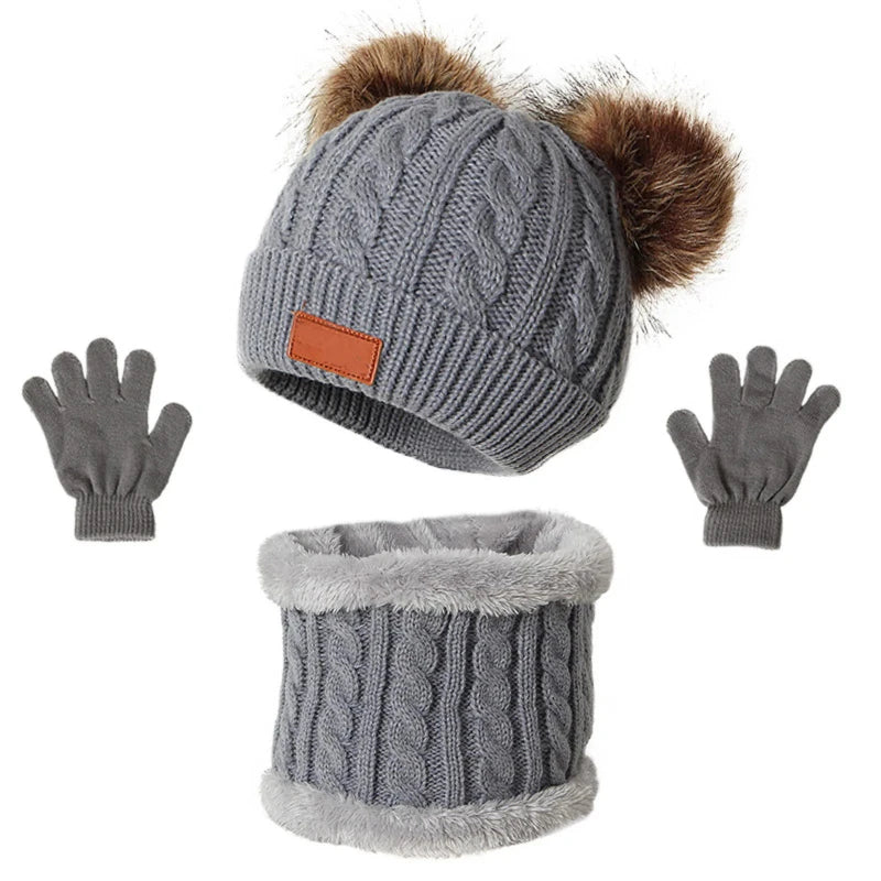 Kids' Pom-Pom Knit Hat, Scarf & Gloves Set