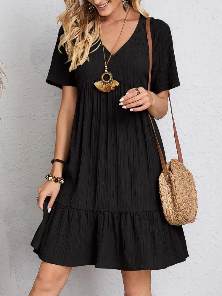 Elegant Short Sleeve V Neck Ruffles Dress