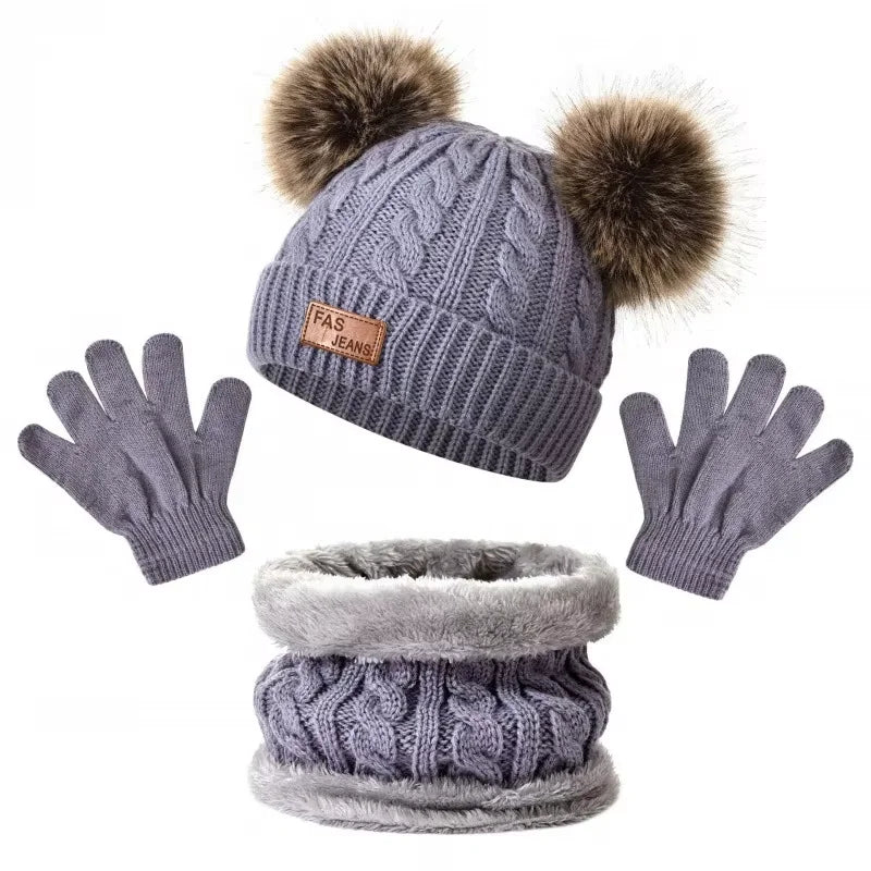 Kids' Pom-Pom Knit Hat, Scarf & Gloves Set