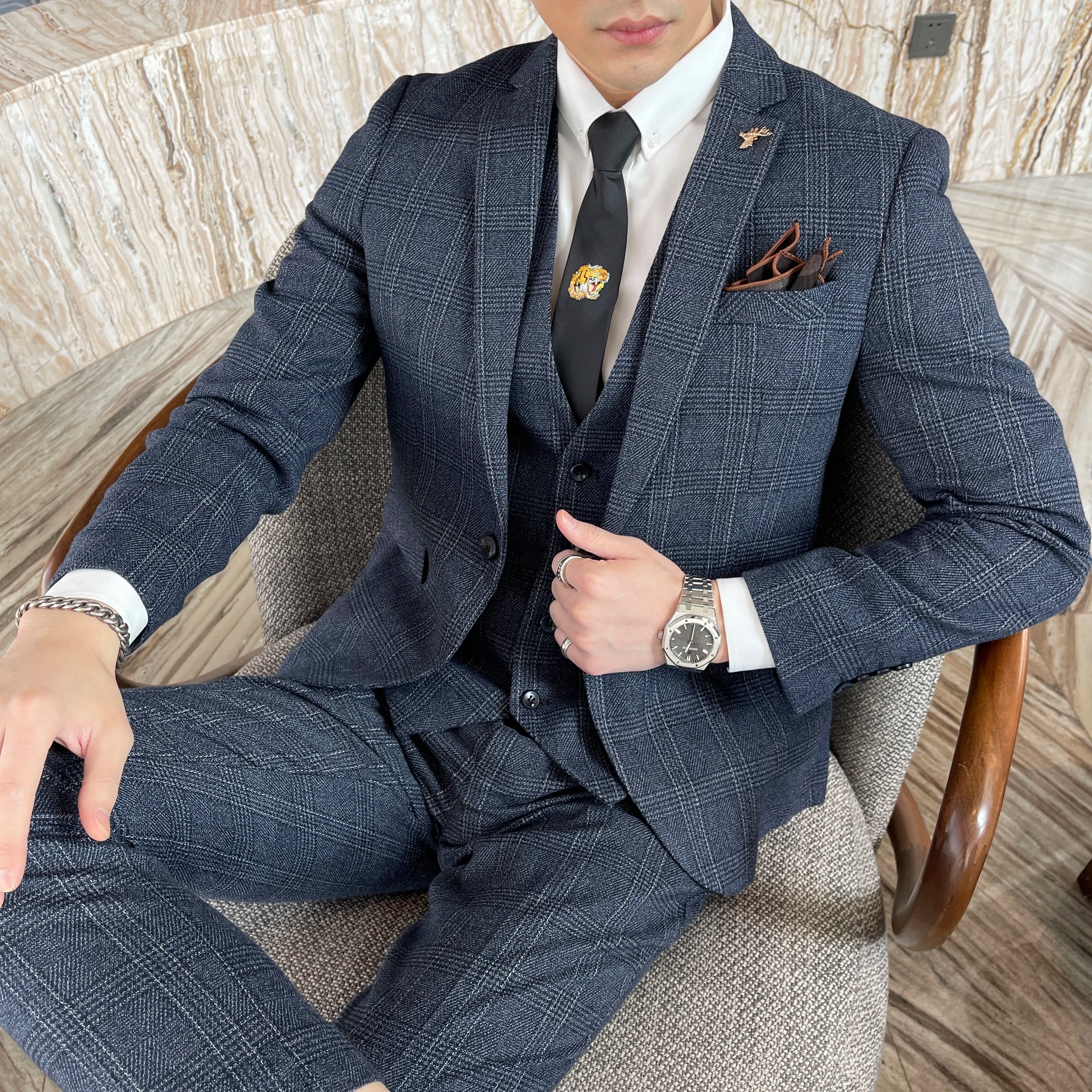 High Quality Plaid Three-Piece Suit