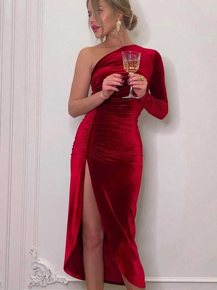 Velvet Long-Sleeve Midi Dress