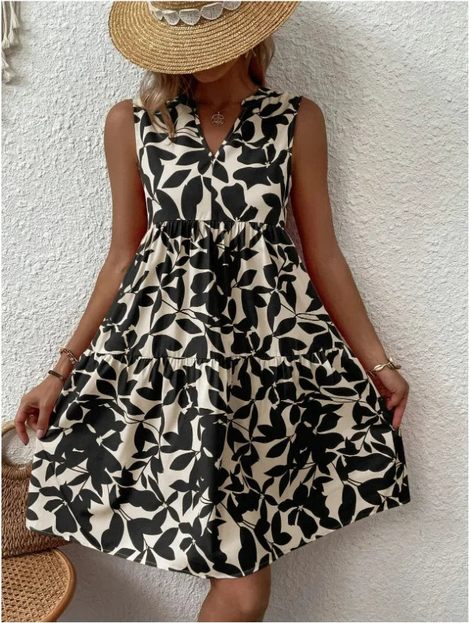 Leaf Print Tiered Mini Dress
