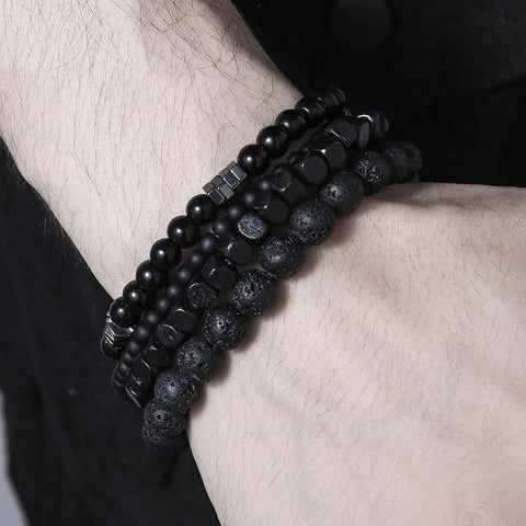 Black Stone Bead Bracelet Set