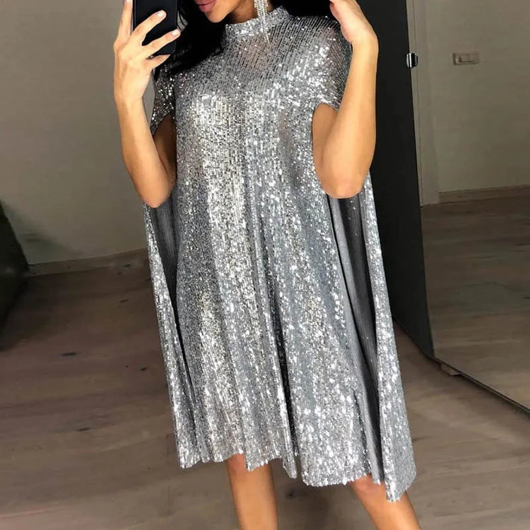 Sequin Cape-Sleeve Party Dress