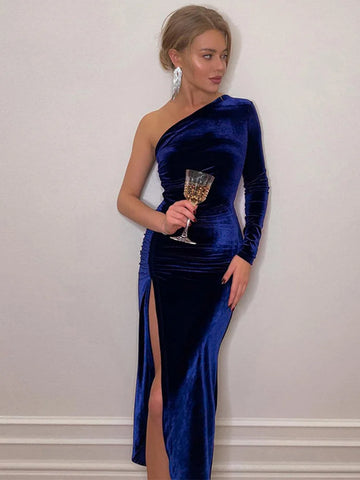 Velvet Long-Sleeve Midi Dress
