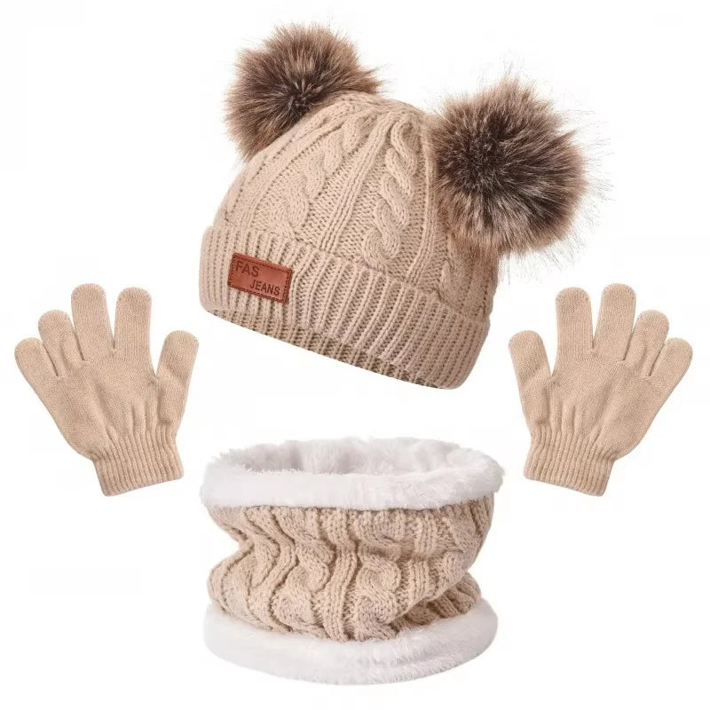 Kids' Pom-Pom Knit Hat, Scarf & Gloves Set