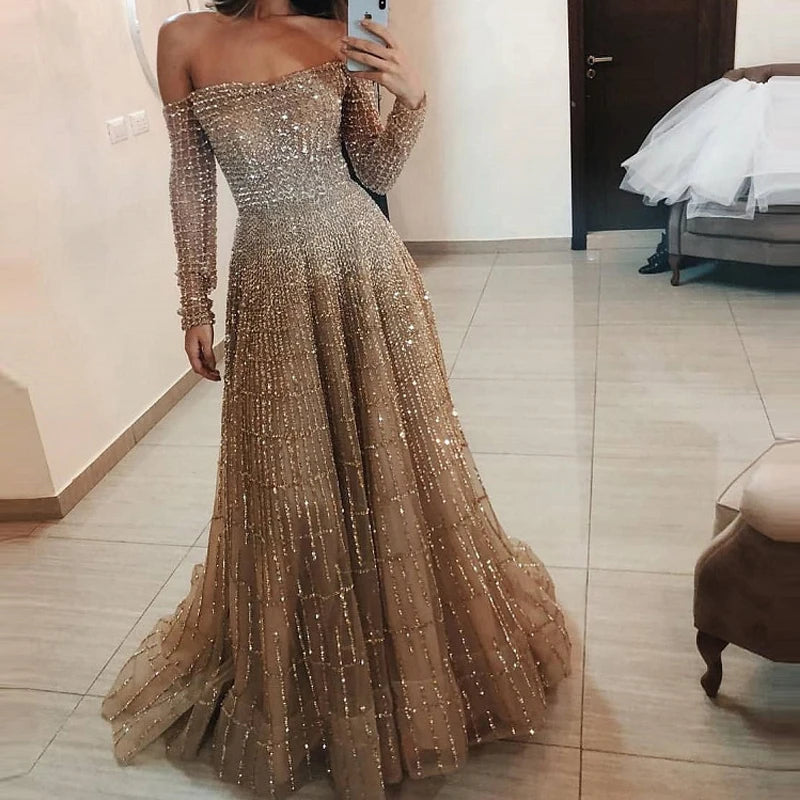 Off-Shoulder Sequin Tulle Gown