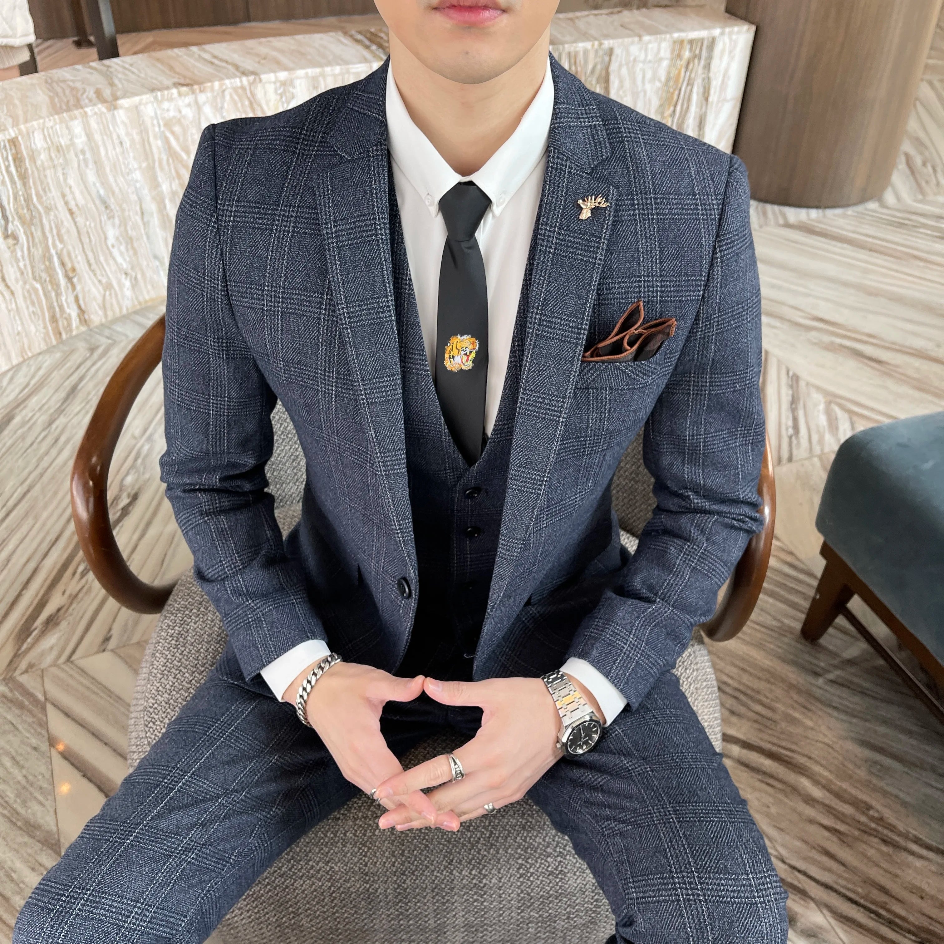 High Quality Plaid Three-Piece Suit