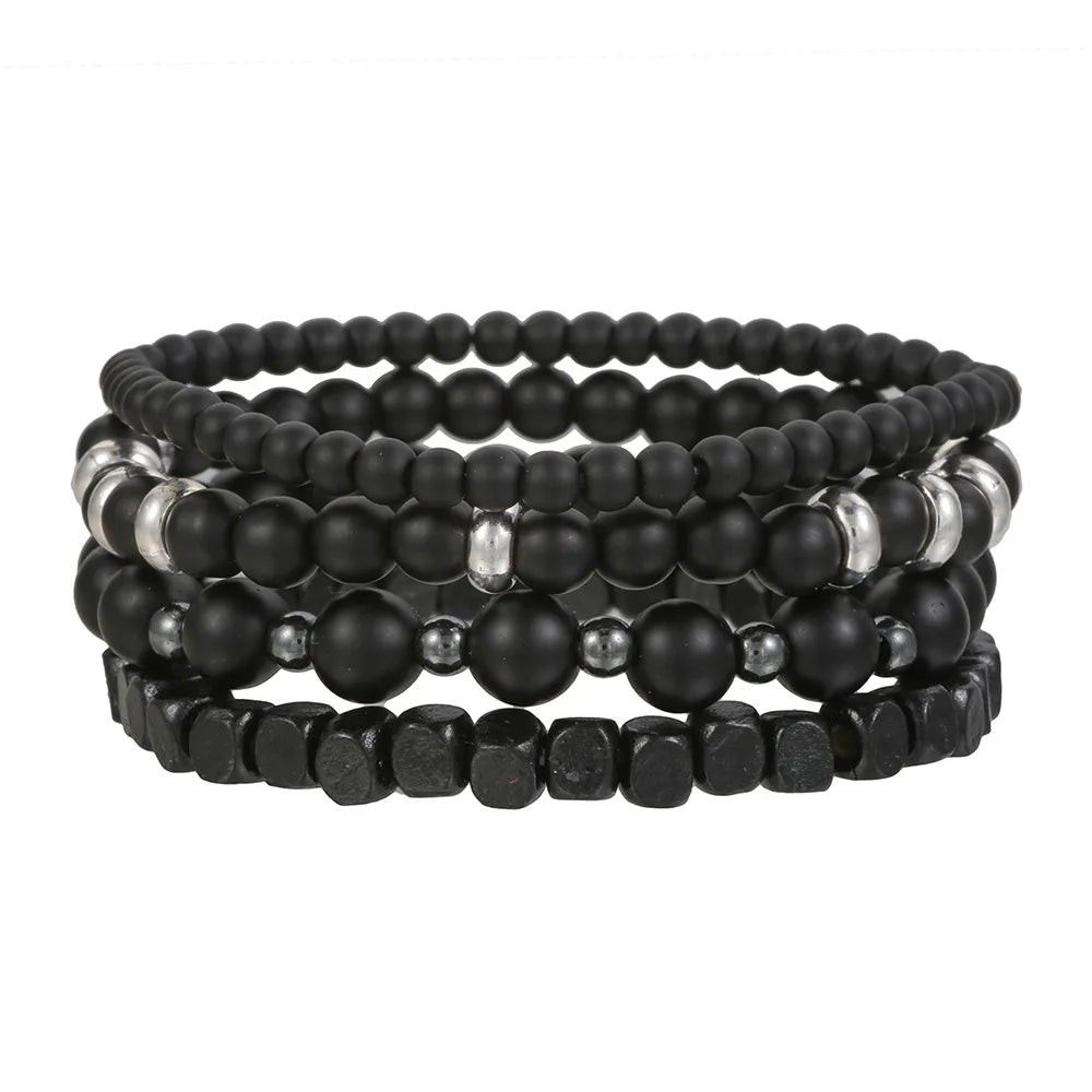 Black Stone Bead Bracelet Set